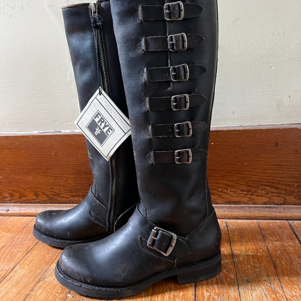 Frye Veronica Belted Tall Black Distressed Boots